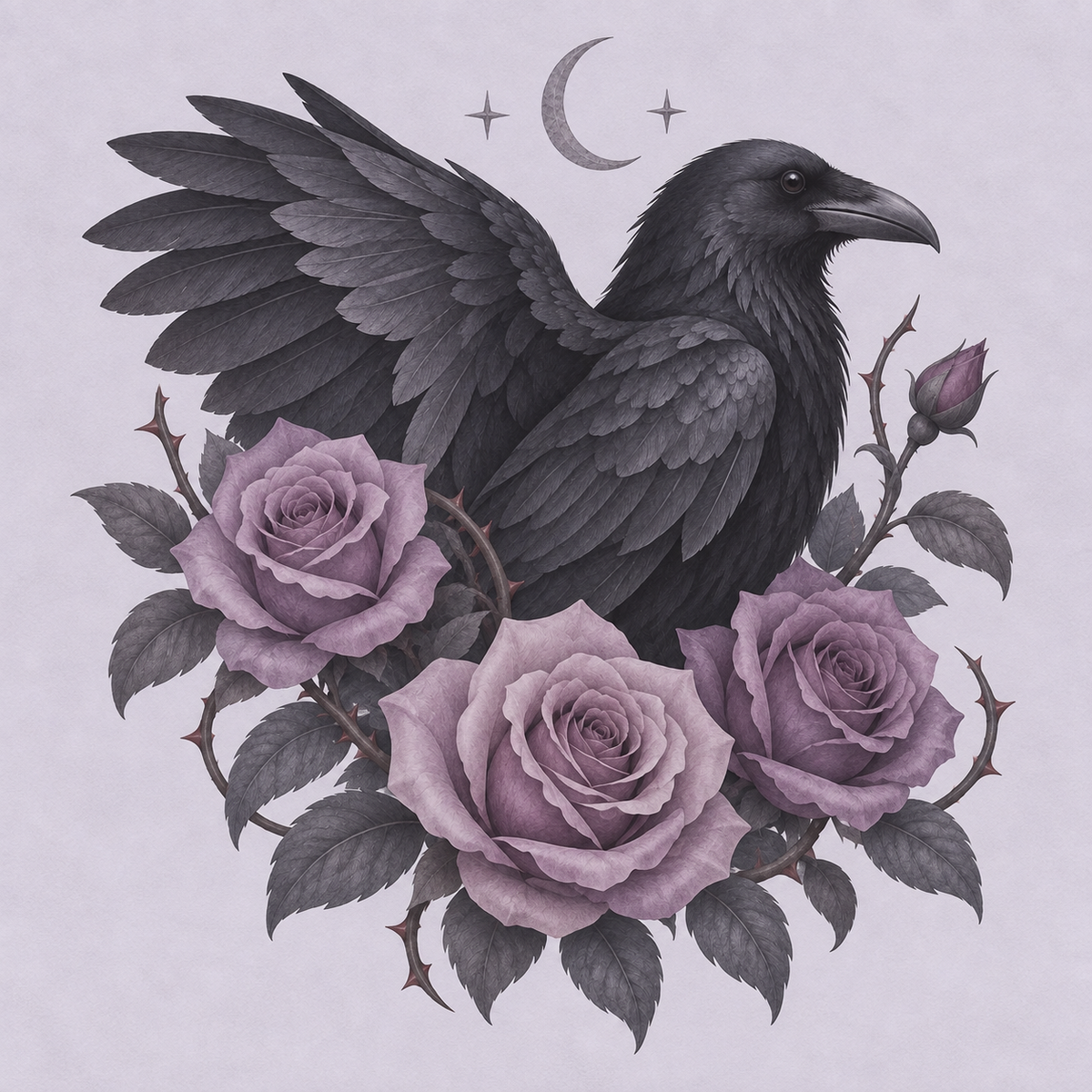 Raven and purple roses with a crescent moon in muted lavender tones