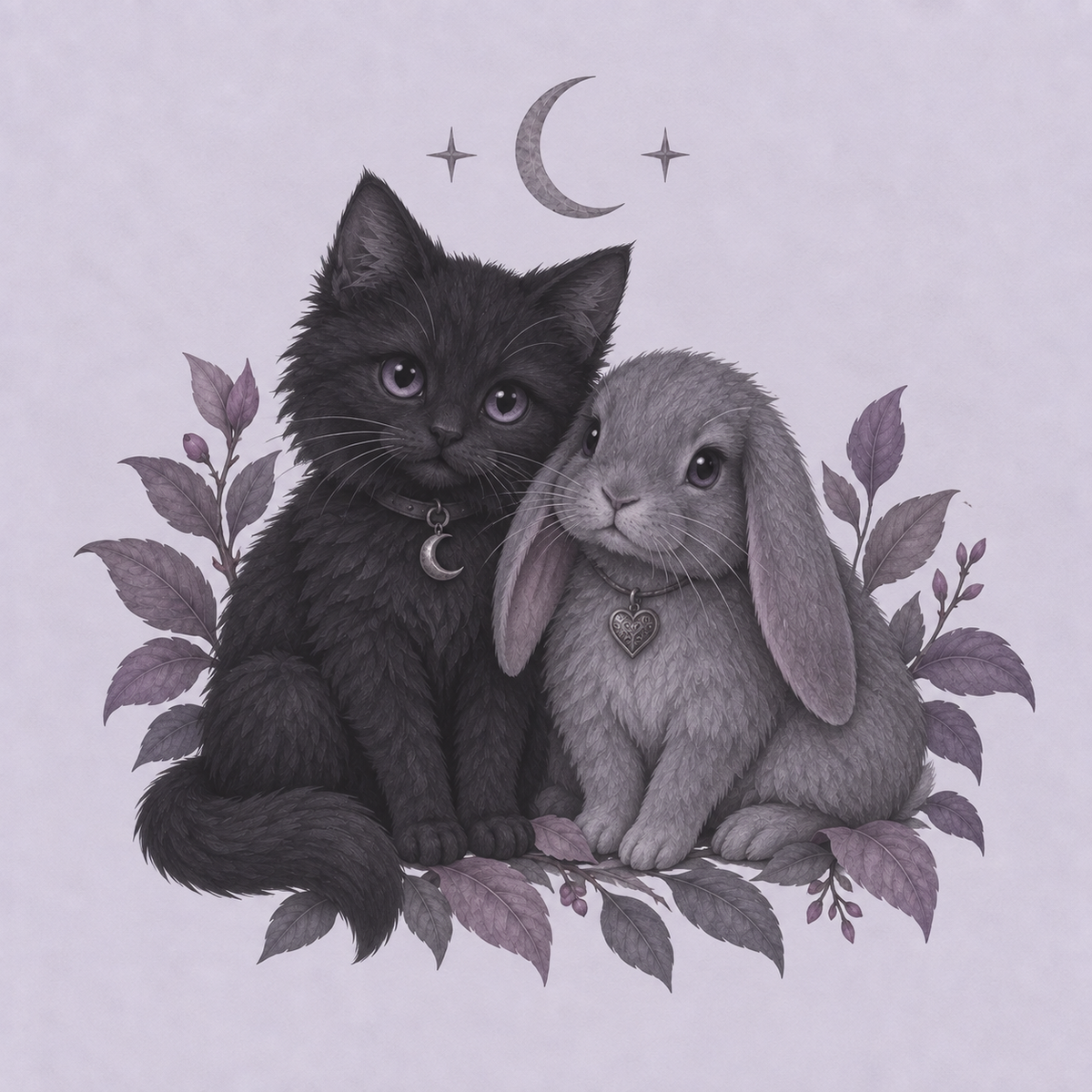 Goth kitten and bunny with a crescent moon in muted lavender tones