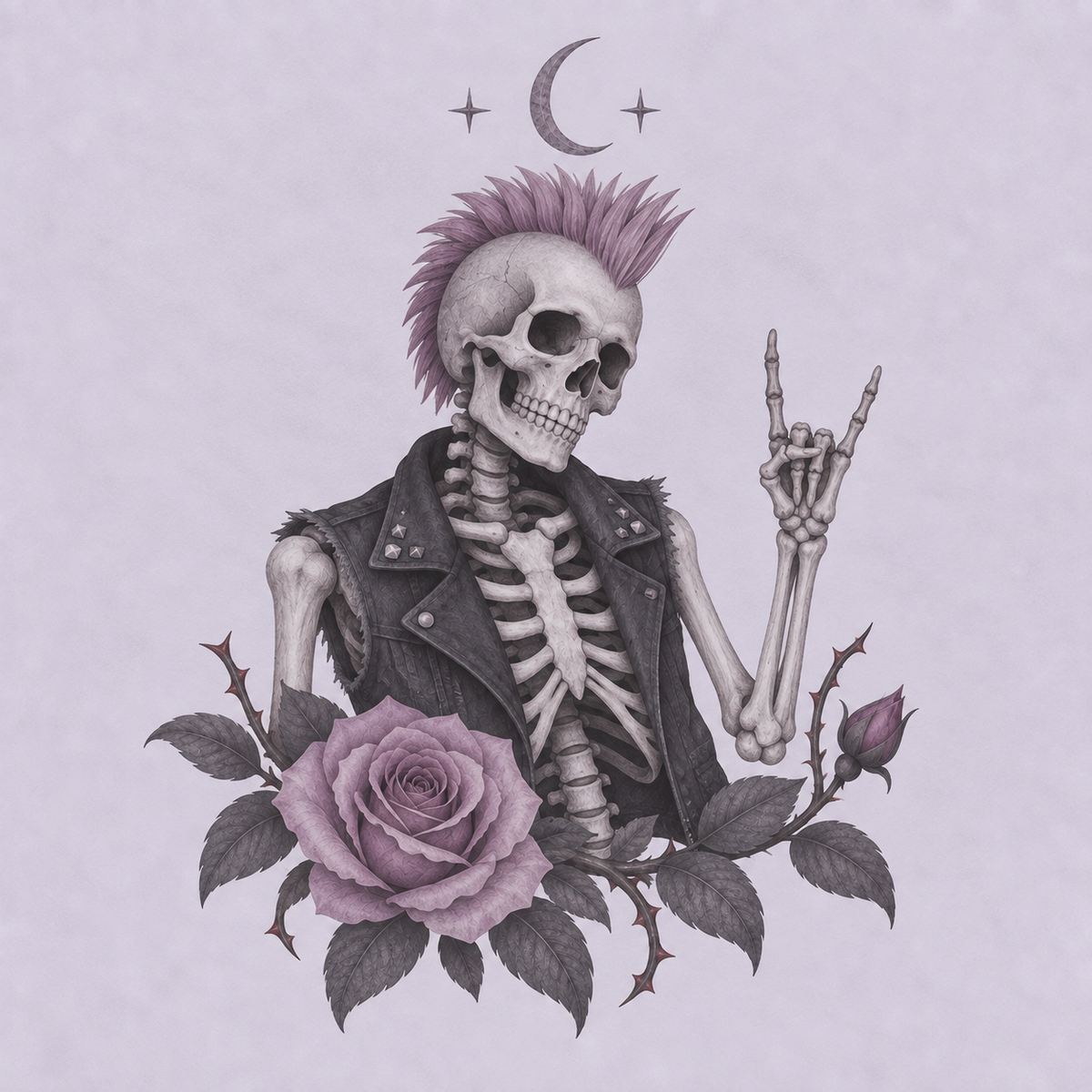 Punk skeleton with lavender mohawk and rose in muted tones