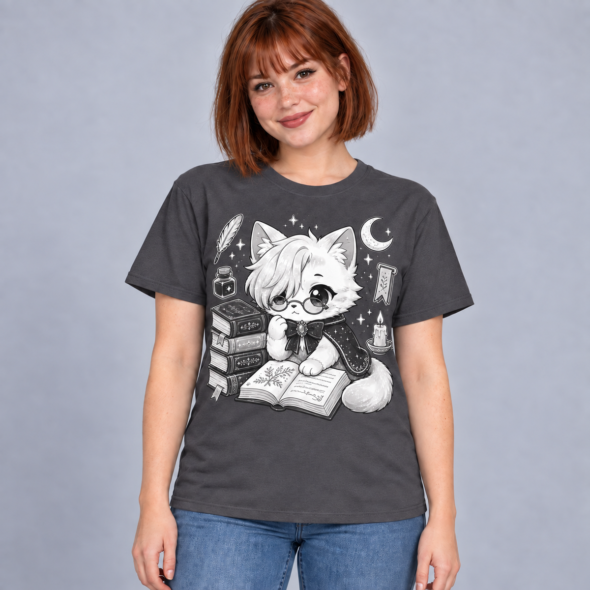 Illustrative mockup of Bookish Moon Cat Tee on a model, charcoal T-shirt