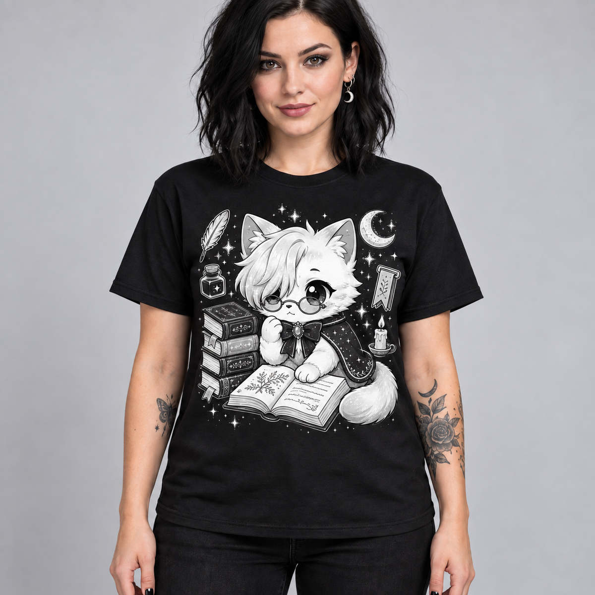 Illustrative mockup of Bookish Moon Cat Tee on a model, black T-shirt