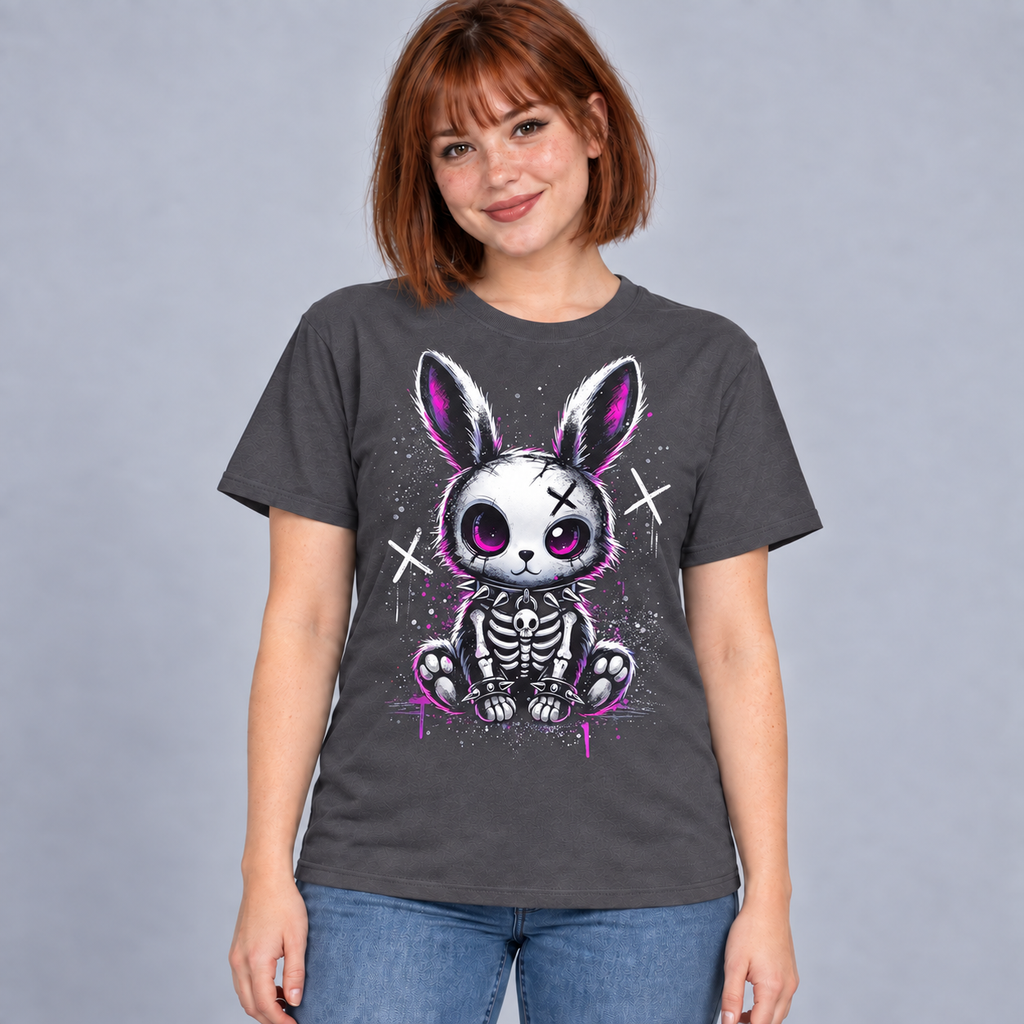 Illustrative mockup of Spooky Bunny Tee on a model, charcoal T-shirt