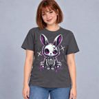 Illustrative mockup of Spooky Bunny Tee on a model, charcoal T-shirt