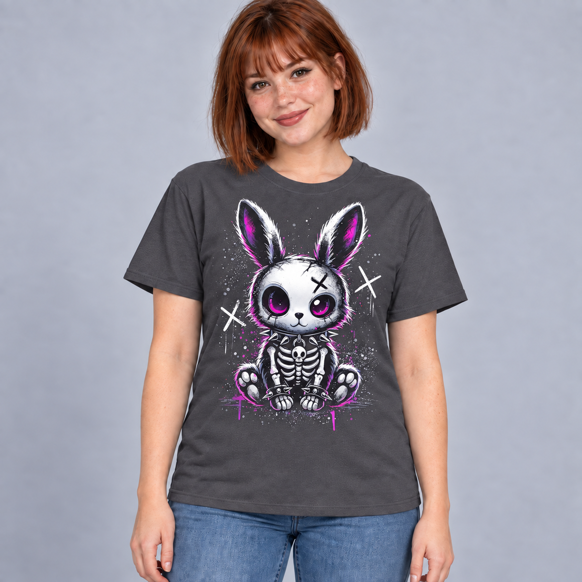 Illustrative mockup of Spooky Bunny Tee on a model, charcoal T-shirt
