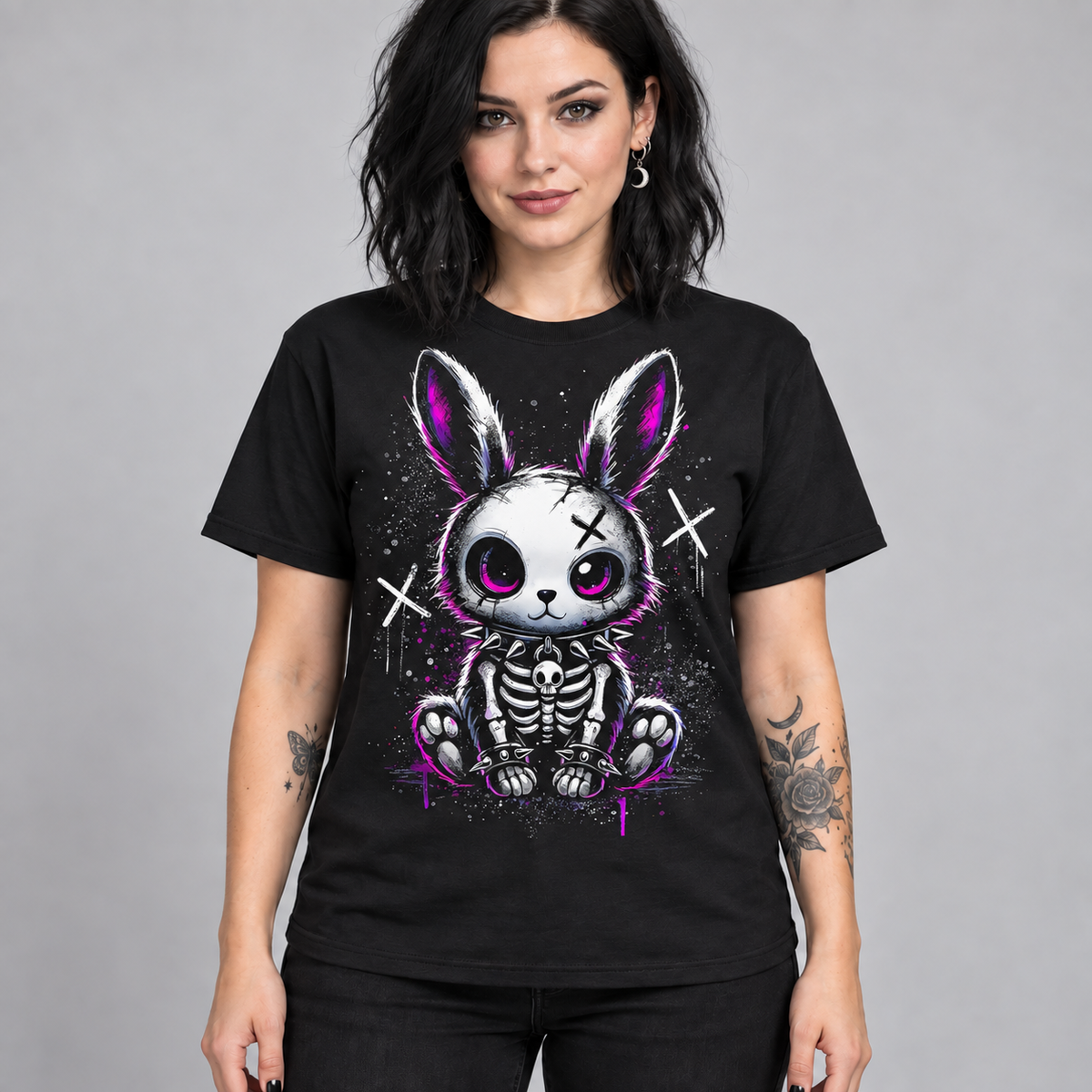 Illustrative mockup of Spooky Bunny Tee on a model, black T-shirt