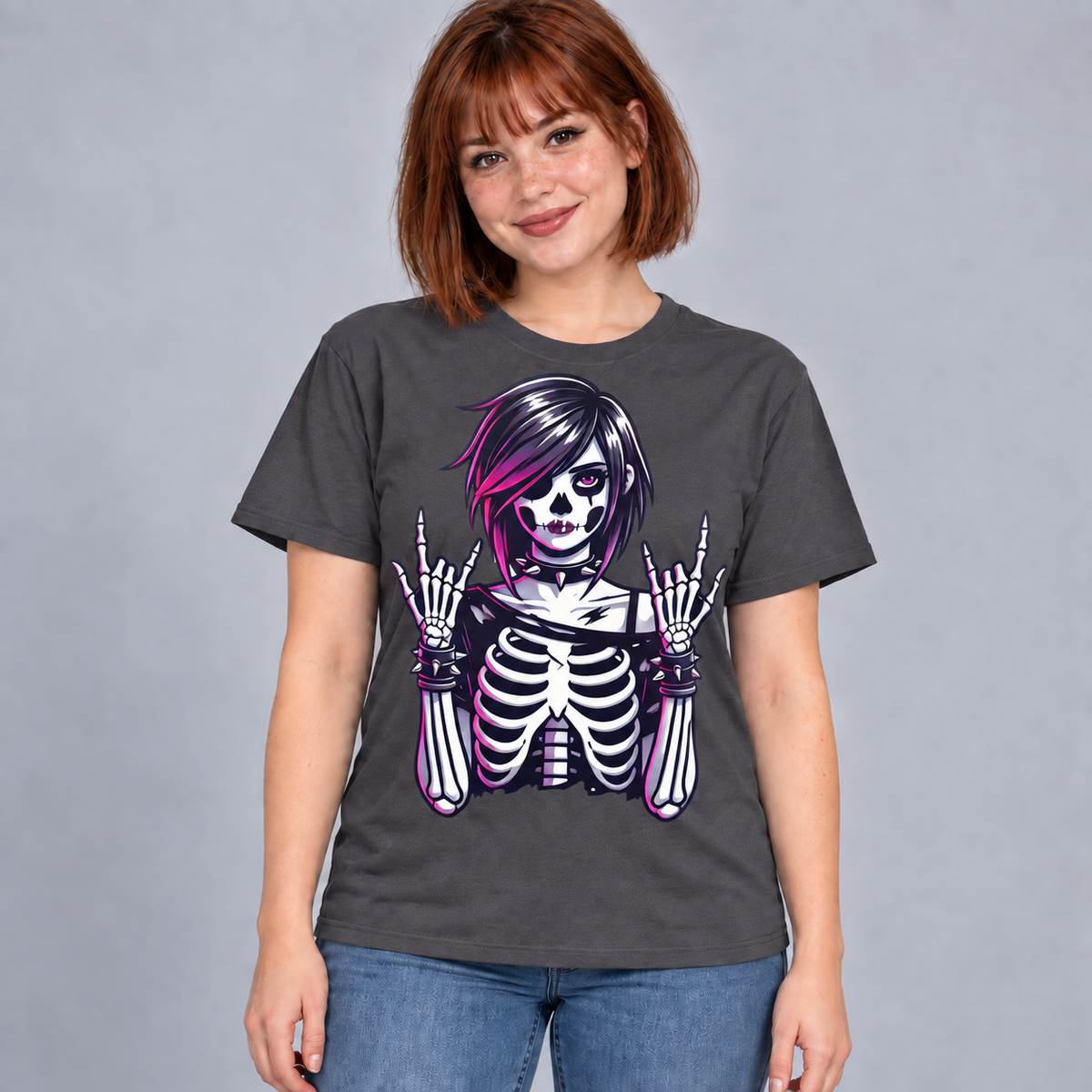 Illustrative mockup of Goth Girl Skeleton Tee on an adult model, charcoal T-shirt