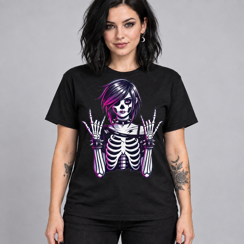 Illustrative mockup of Goth Girl Skeleton Tee on an adult model, black T-shirt