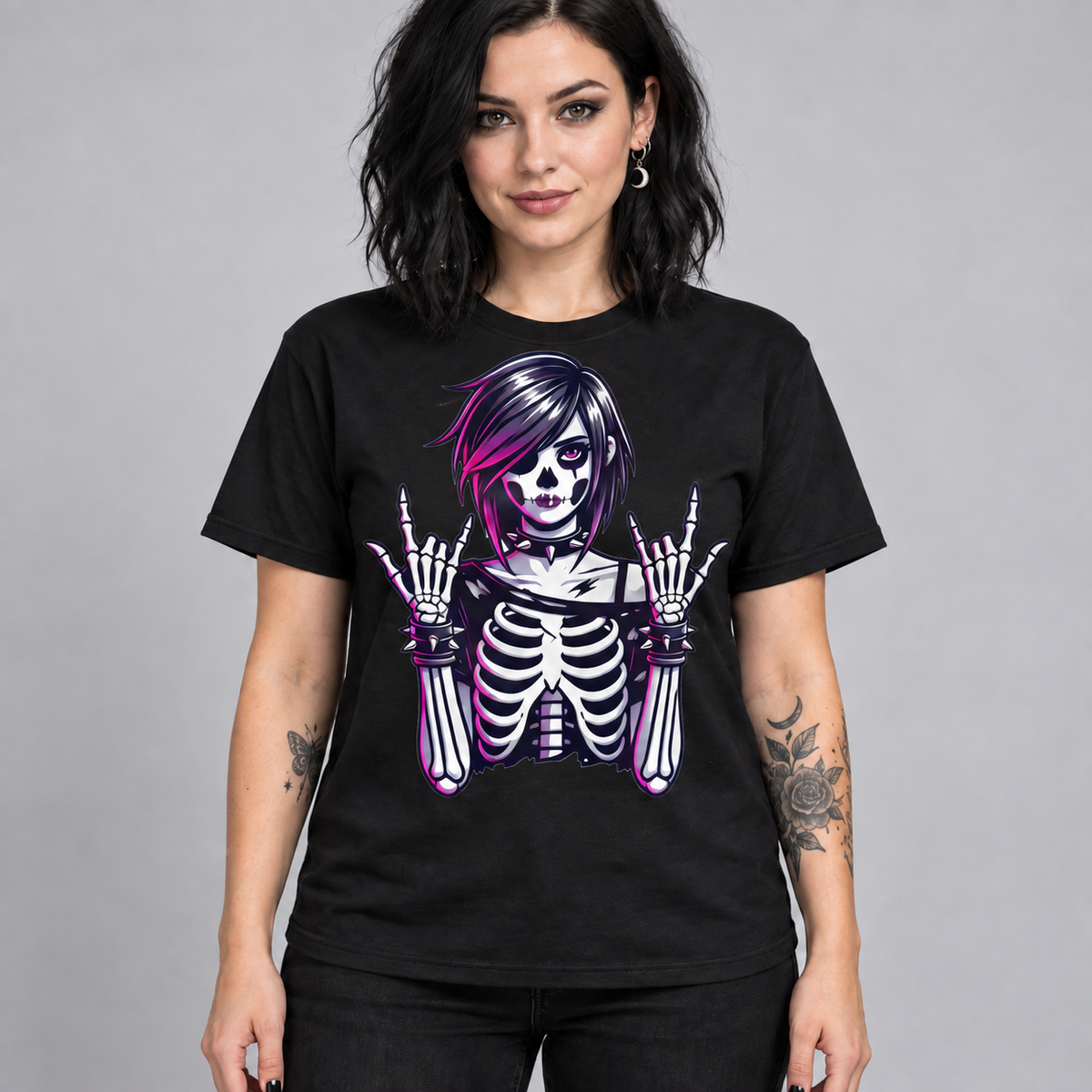Illustrative mockup of Goth Girl Skeleton Tee on an adult model, black T-shirt