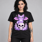 Illustrative mockup of a woman with goth styling wearing the black Lavender Bat Cat Tee