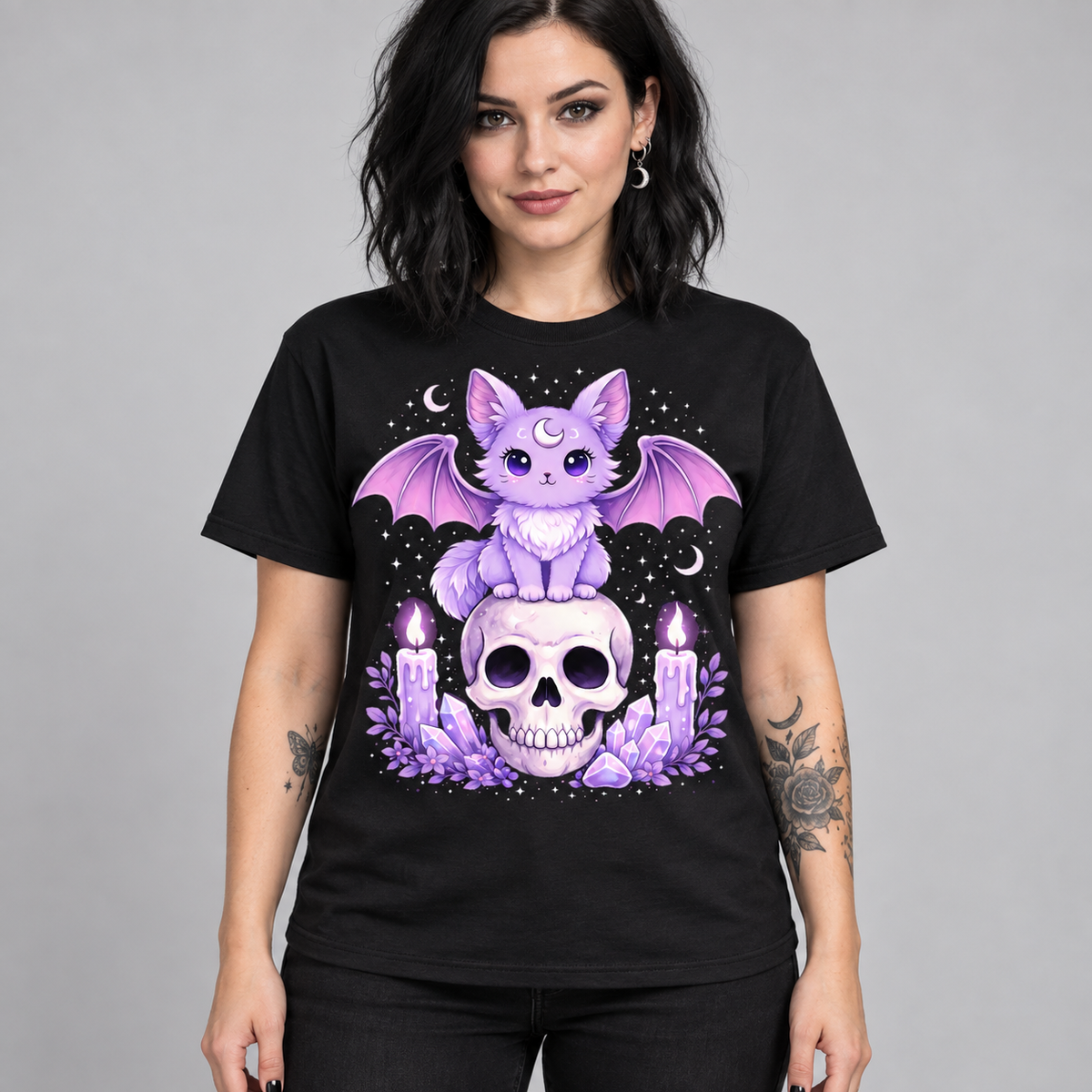 Illustrative mockup of a woman with goth styling wearing the black Lavender Bat Cat Tee