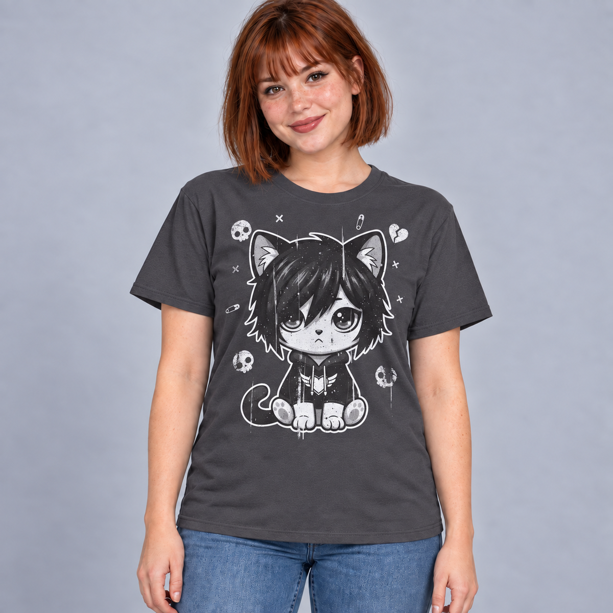 Illustrative mockup of Midnight Emo Cat Tee on a model, charcoal T-shirt