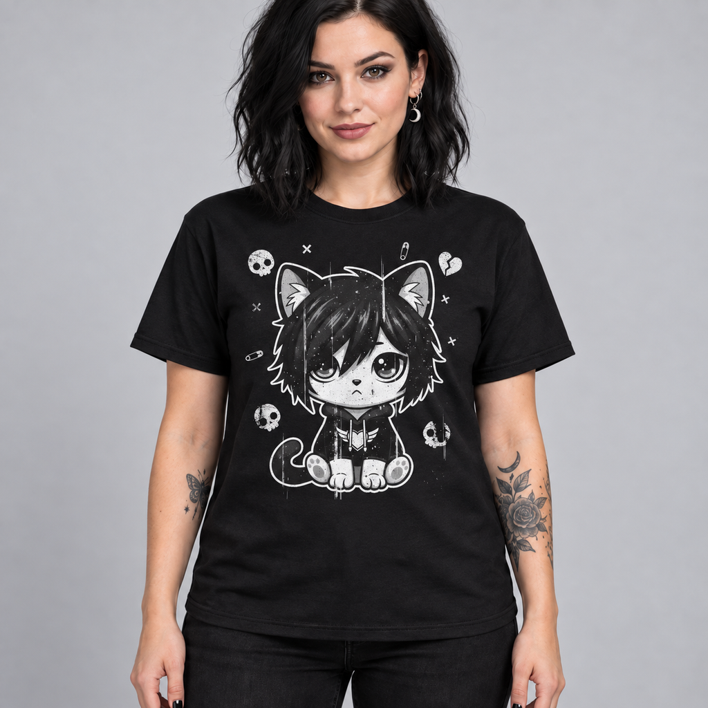 Illustrative mockup of Midnight Emo Cat Tee on a model, black T-shirt
