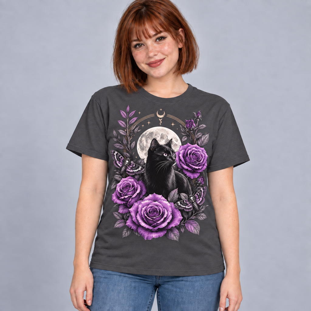 Illustrative mockup of Moonlit Cat and Roses Tee on an adult model, charcoal T-shirt