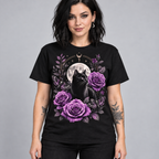 Illustrative mockup of Moonlit Cat and Roses Tee on an adult model, black T-shirt