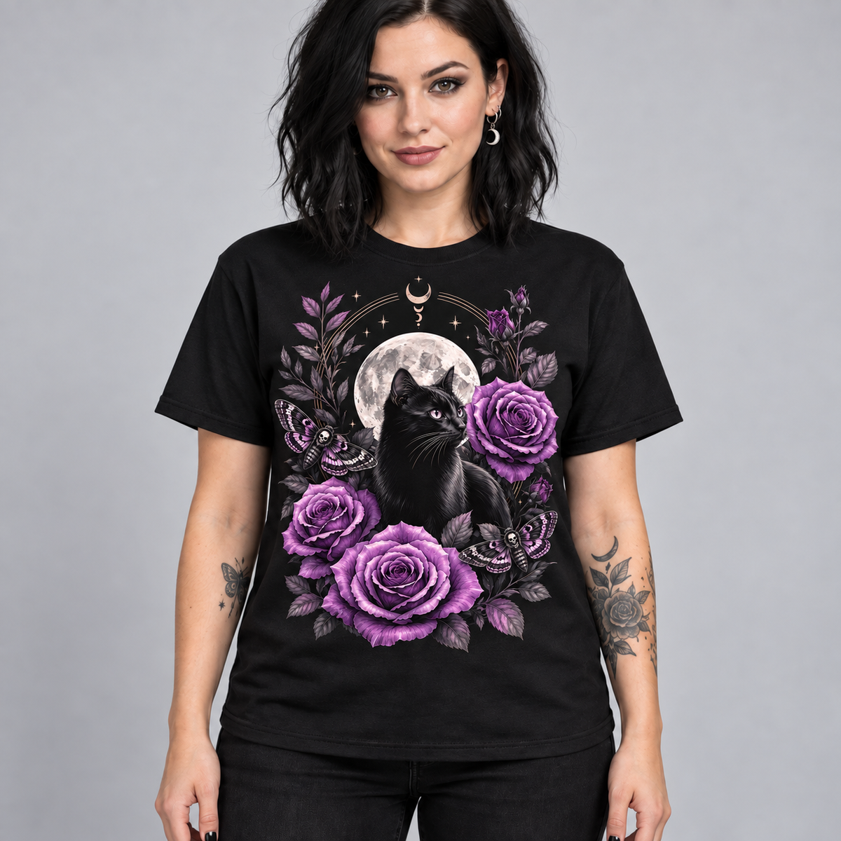 Illustrative mockup of Moonlit Cat and Roses Tee on an adult model, black T-shirt