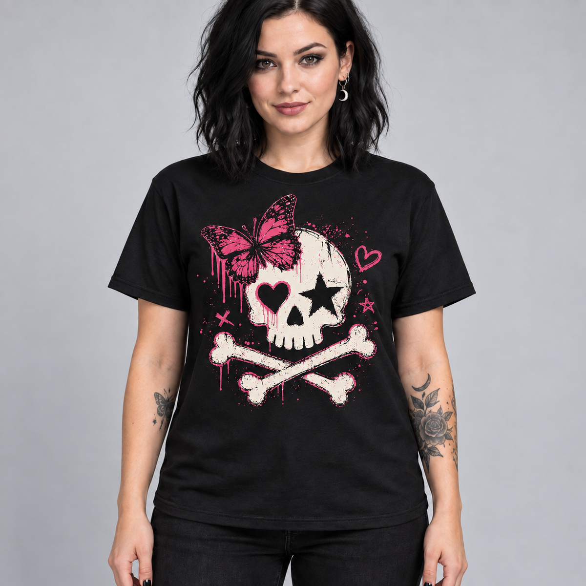 Illustrative mockup — Pink Butterfly Skull Tee on black shirt, female model