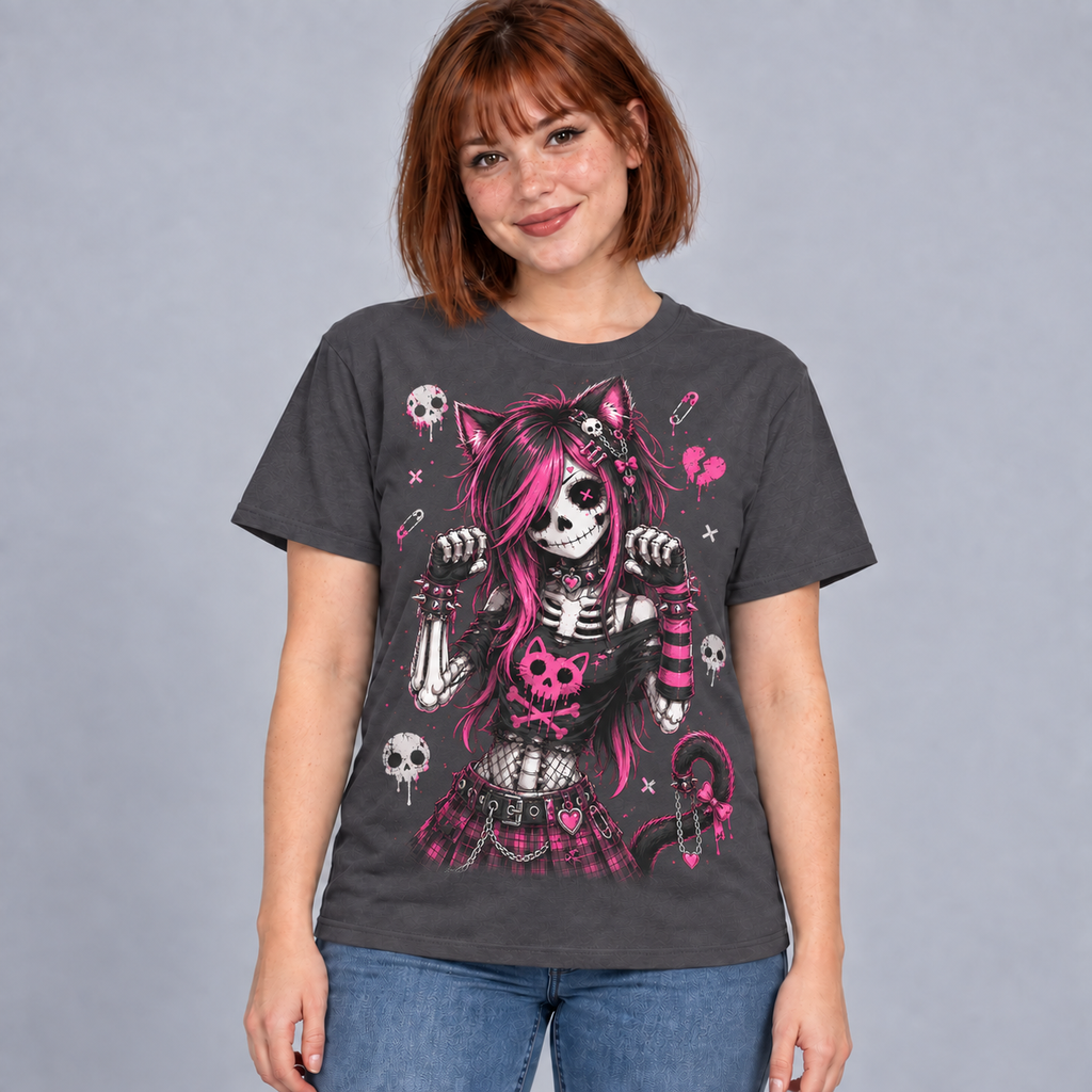 Illustrative mockup of Pink Skeleton Cat Girl Tee on an adult model, charcoal T-shirt