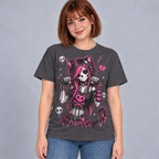 Illustrative mockup of Pink Skeleton Cat Girl Tee on an adult model, charcoal T-shirt