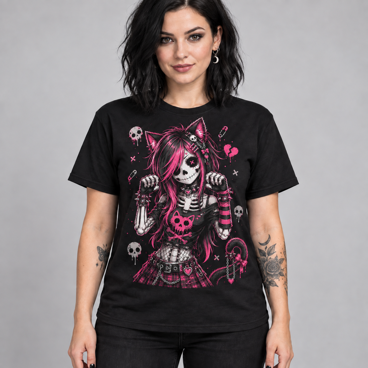 Illustrative mockup of Pink Skeleton Cat Girl Tee on an adult model, black T-shirt