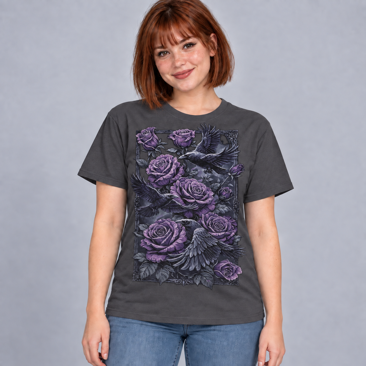 Illustrative mockup — Ravens and Purple Roses Tee on a model wearing charcoal