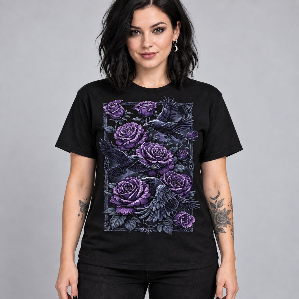 Illustrative mockup — Ravens and Purple Roses Tee on a model wearing black