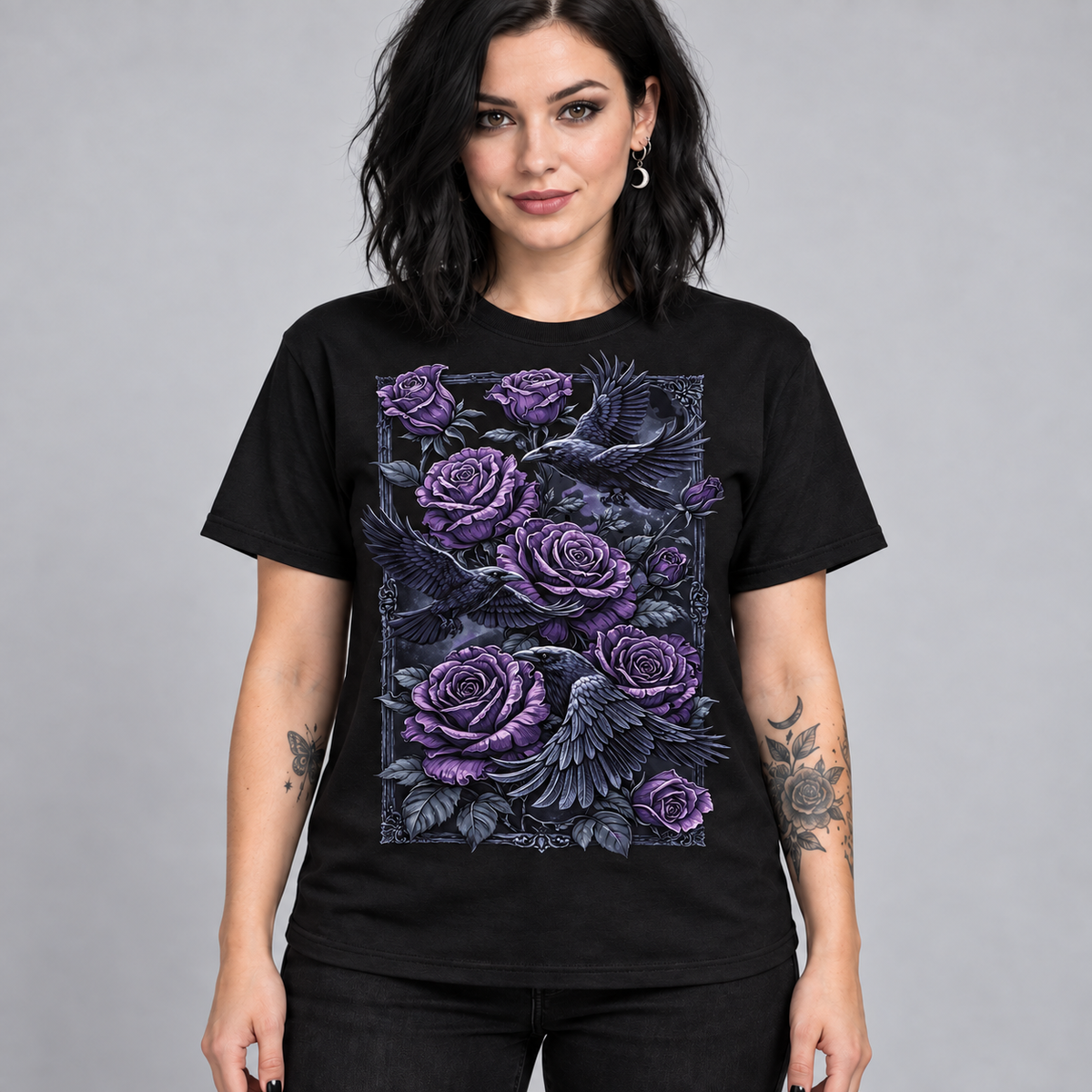 Illustrative mockup — Ravens and Purple Roses Tee on a model wearing black